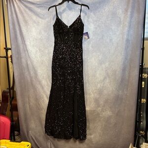 Morgan & Co. Black Sequin Corset Spaghetti Strap Evening Gown